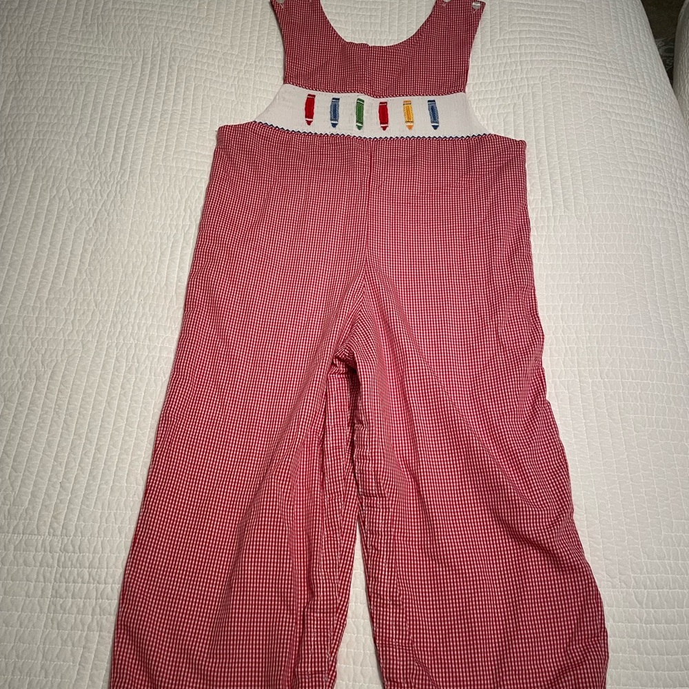 Red Gingham Overalls with smocking and embroidered Crayons